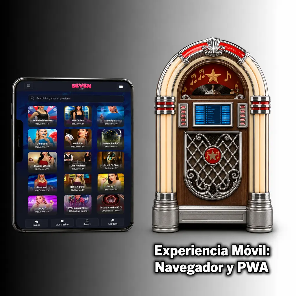 Interfaz móvil de Seven Casino accesible desde navegador y PWA en Android e iPhone sin instalación previa